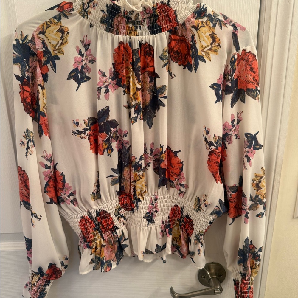 Shinestar Floral Smocked Blouse - Cream and Red